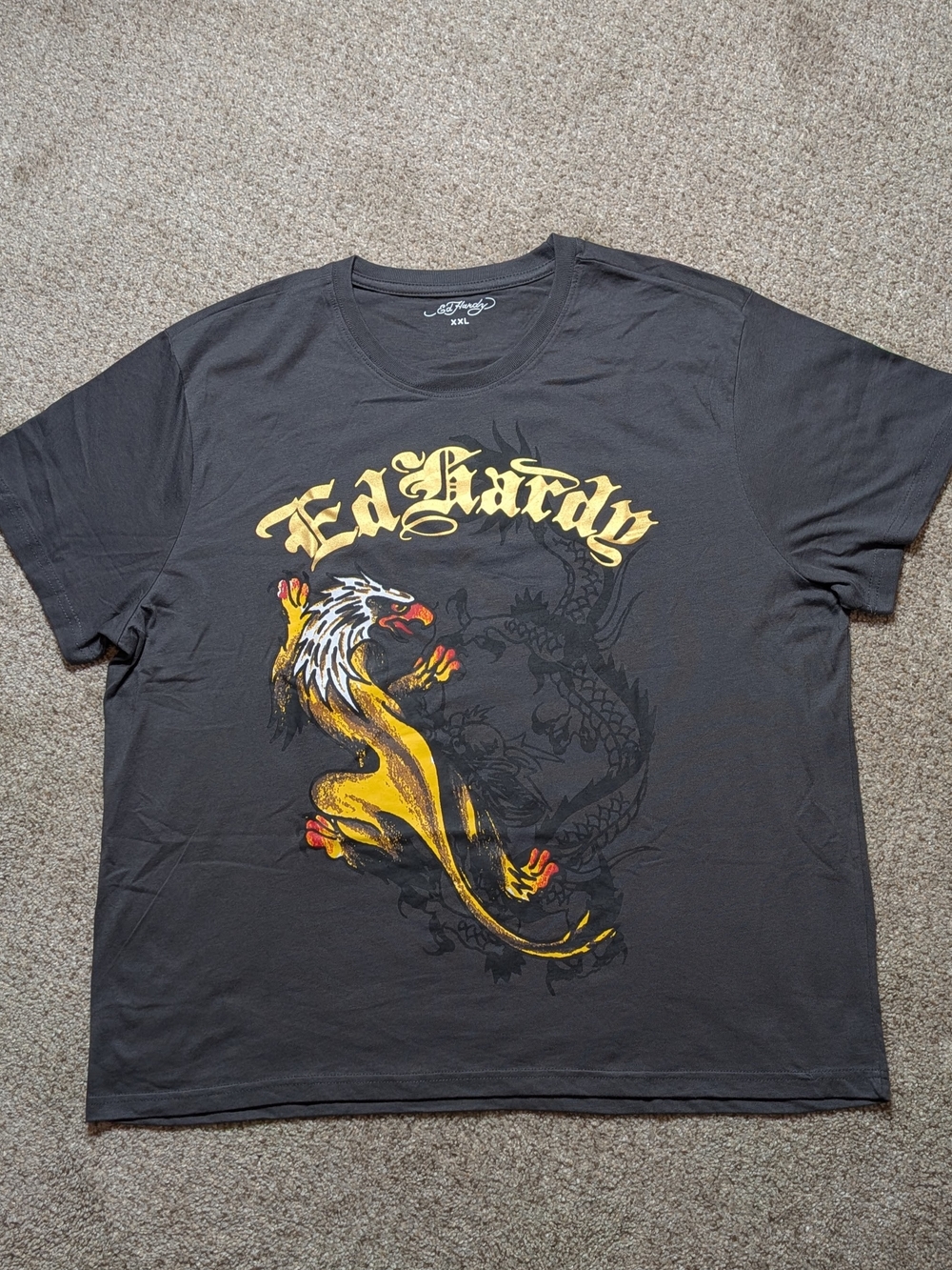 Ed Hardy Dragon Eagle Graphic T-Shirt XXL Charcoal Gold NWT